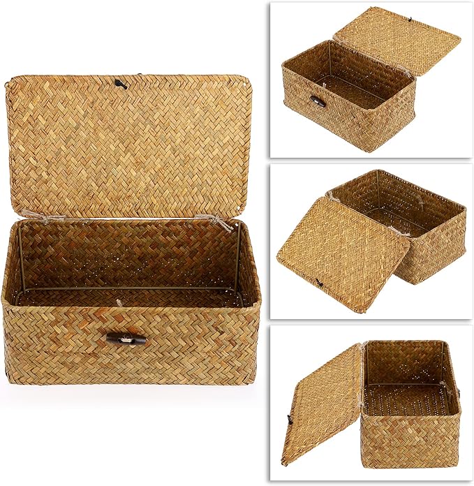 Hipiwe Wicker Shelf Baskets Bin with Lid, Handwoven Seagrass Basket Storage Bins Rectangular Household Basket Boxes for Shelf Wardrobe Home Organizer, Caramel Small