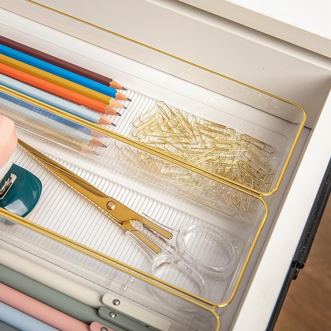 Martha Stewart Kerry Plastic Stackable Office Desk Drawer Organizers, 9" x 3", 8 Pack, with Gold Trim
