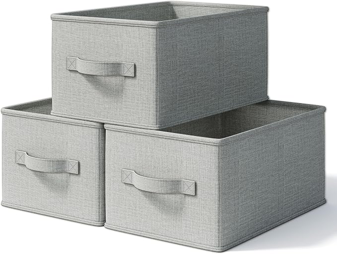 LayerSpace 3 Pack Fabric Storage Bins for Shelves | 11.5x8.75x6.5in Closet Storage Baskets | Collapsible Storage Bins | Fabric Closet Organizers with Handles | Light Gray