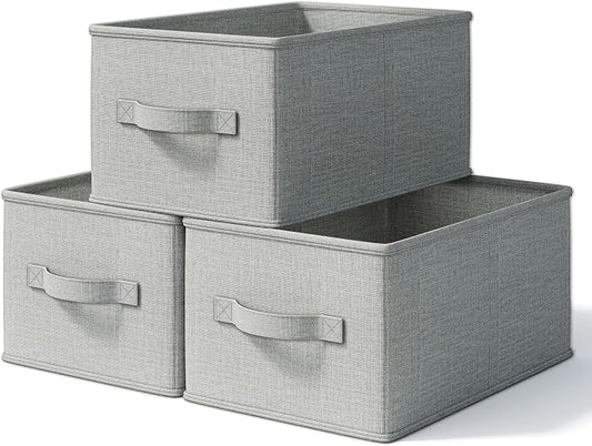 LayerSpace 3 Pack Fabric Storage Bins for Shelves | 11.5x8.75x6.5in Closet Storage Baskets | Collapsible Storage Bins | Fabric Closet Organizers with Handles | Light Gray