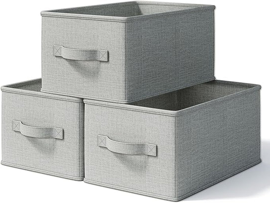 LayerSpace 3 Pack Fabric Storage Bins for Shelves | 16.25x12x10in Closet Storage Baskets | Collapsible Storage Bins |Fabric Closet Organizers with Handles | Light Gray