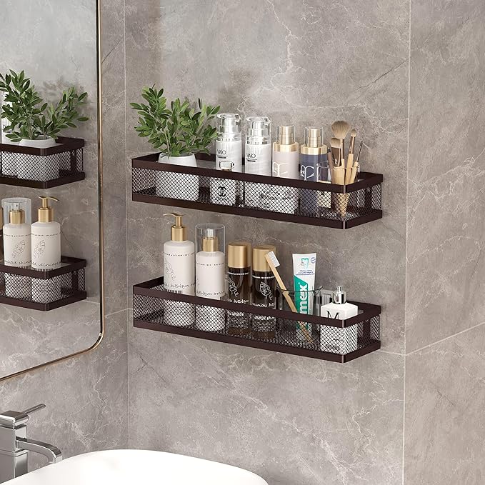 PUSDON 16.5-Inch Extra Long Slim Mesh Shower Caddy, Wall Mounted Bathroom Organizer with Adhesive, Heavy Duty Rustproof Shelf for Narrow Kitchen Pantry & RV, Holds 50 LBS Bronze -2 Packs Netting