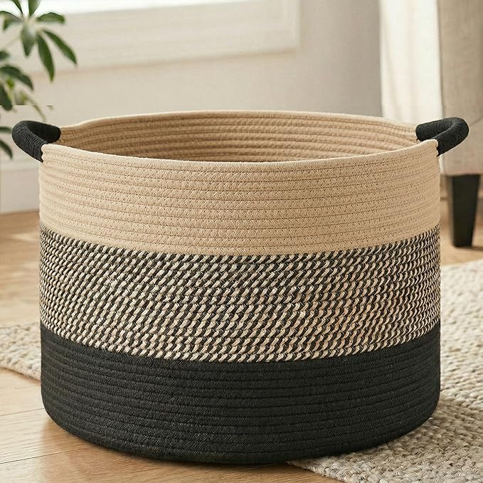Artfeel 40L Large Cotton Rope Basket, Decorative Woven Blanket Storage for Living Room, Boho Toy Storage & Toy Box for Kids, Versatile Laundry Basket & Nursery Hamper for Blankets(BlackBrown)