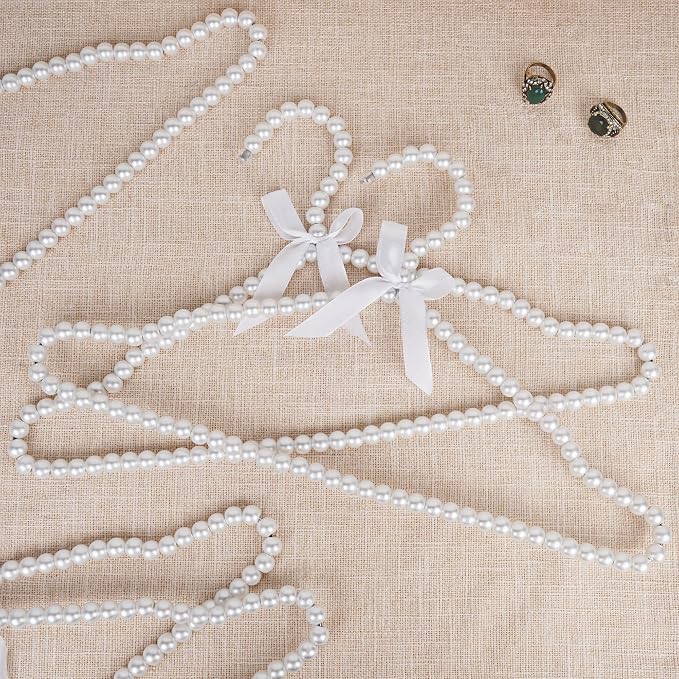 Linkidea 5 Pack Pearl Beaded Clothing Hanger, Elegant Non-Slip Plastic Design for Dresses & Pants, Closet Organizer for Wedding & Special Occasion (White)