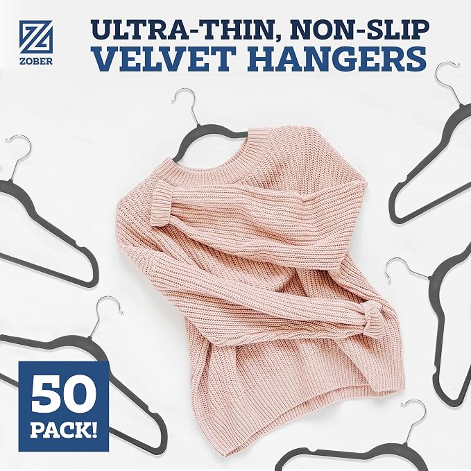 Zober Velvet Hangers 50 Pack - Heavy Duty Gray Hangers for Coats, Pants & Dress Clothes - Non Slip Clothes Hanger Set - Space Saving Felt Hangers for Clothing