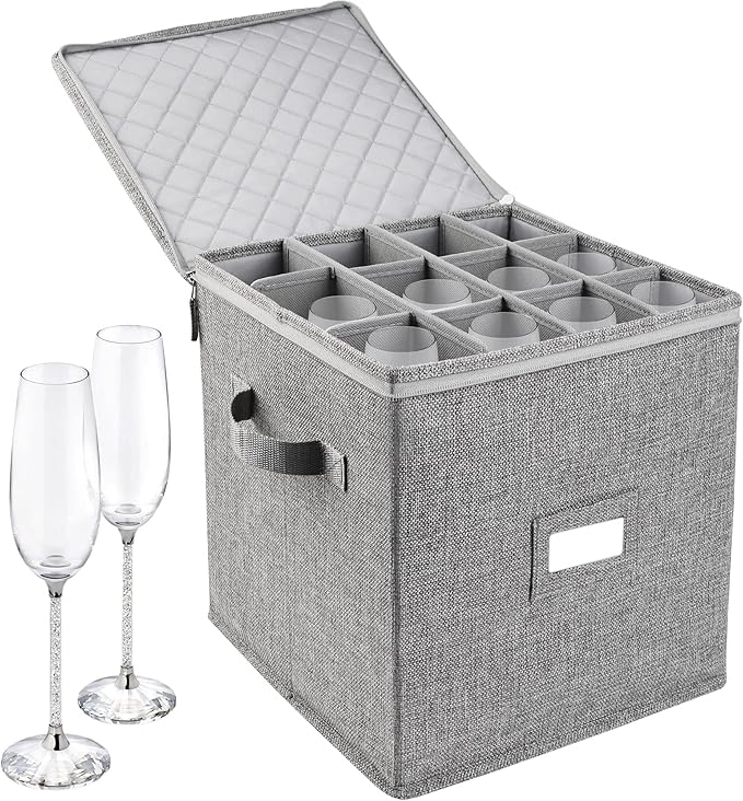 LotFancy Champagne Flute Storage Container, Hard Shell, Stackable, 12" Tall Wine Glass Storage Box with Dividers & Handles, Stemware, Crystal Glassware, Drinkware Case for Moving, Grey