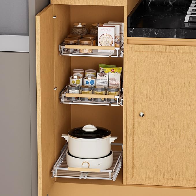 SANNO Pull Out Cabinet Organizer, Expandable Slide Out Organizer shelf for Kitchen Cabinets Organizer, Sliding Pantry Shelves - Roll Out Shelf Storage for Pots, Pans
