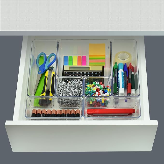 Acrimet 7 Pack Drawer Organizer Modular, Box Tray Storage Bins for Office, Home, Makeup, Kitchen, Junk Drawer (7 Units - 4 Sizes) (Clear Crystal Plastic) | Assorted Sizes for organizing drawers, countertops and cabinets