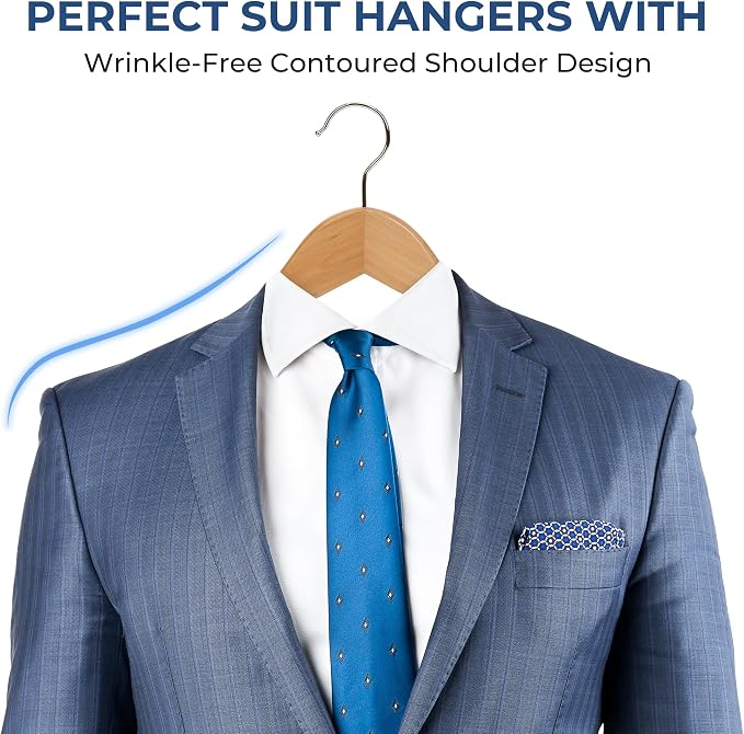 JS Hanger Wooden Coat Hangers, 20 Pack High Grade 17.5 Inch Wood Suit Hangers with Non Slip Pant Bar - Extra Smooth and Splinter Free Natural Finish Wooden Suit Hangers for Closet Organization