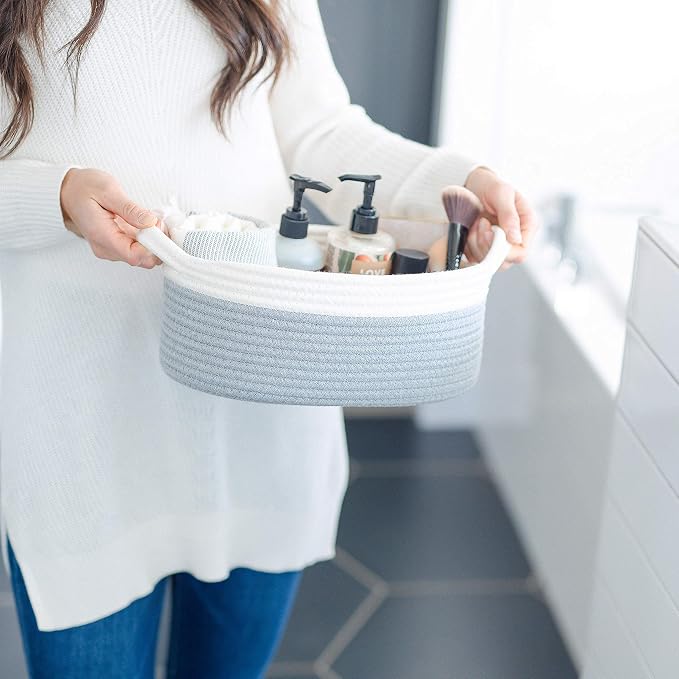 NaturalCozy 3-Piece Oval Storage Basket Set– Cotton Rope Woven Baskets for Storage, Gift Basket Empty, Toy Basket, Soft Baby Basket for Nursery, Cat Dog Toy Baskets, Small Basket (Off White & Gray)