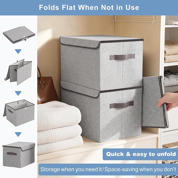 Bagnizer Linen Fabric Foldable Storage Cube Bin Organizer Basket with Flip-Top Lid & Handles, Large Clothes Blanket Box for Home, Office, Closet, Light Gray, 4 Pack 14.6 x 9.5 x 9.5”