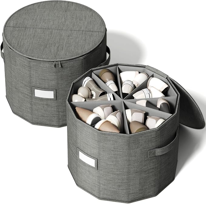 Shoe Organizer for Closet - Cylindrical Shoe Storage Organizer with Fan-Shaped Adjustable Dividers, Anti-Squeeze for High-Top Sneakers & Martin Boots, Foldable Shoe Storage Box, Gray, 2-Pack, Large