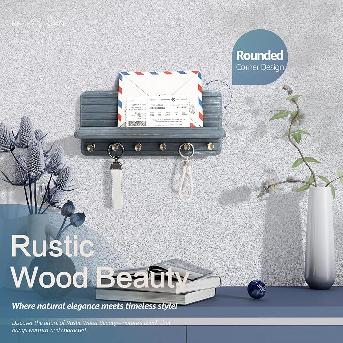 Rebee Vision Pine Wood Key Holder Wall Mount for Home Organization Accent – Wooden Key Holder for Wall with 6 Hooks & Floating Shelf - Elegant Room Decor Aesthetic (Royal Blue)