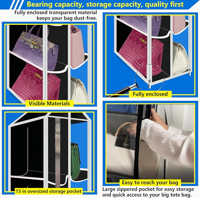 Purse Organizer for Closet, with Zippered-Dustproof, Purse Organizer, Designed for Oversized Wallets & Holds 8-16 Purses, organizador de carteras de Mujer,Black-Purse Storage