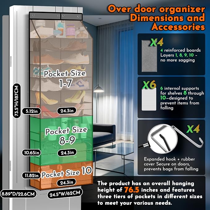 PAULONE Over the Door Organizer Heavy Duty – 96 Lbs Capacity 20 Pair Shoe Rack with Multi-Size Pockets Fits Tall Boots up to 11.8", Breathable Mesh, Metal Hooks – Also for Bags, Toys, Toiletries