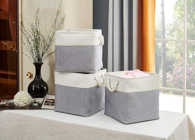 DECOMOMO Cube Storage Bin 13x13, Fabric Storage Bins, Kallax Storage Cubes (Grey & White, 3 Pack)