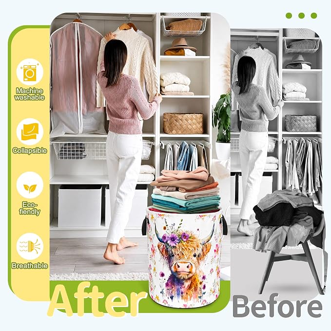 Highland Cow Laundry Basket Foldable Waterproof Oxford Cloth Funny Tote Bag Laundry Hamper Clothes Storage Bucket Organizer For Bathroom/Laundry Storage/Bedroom Storage Basket 18.9x16.5 Inch