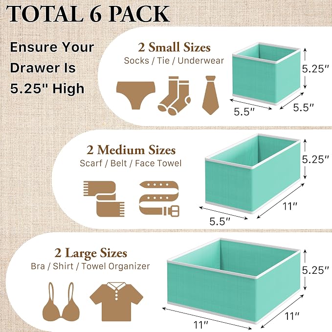 Simple Houseware Underwear Drawer Organizer for Lingerie/Undergarment/Bra/Panty/Sock/Onesie, Set of 6, Turquoise