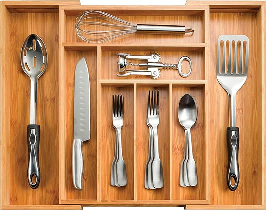 Bamboo Drawer Organizer - 8 Compartment Expandable Silverware Organizer and Utensil Holder, 17 Inch Long, 13 to 22 Inch Wide, 2 Inch Deep Kitchen Cutlery Tray Insert for Flatware Knives Large Utensils