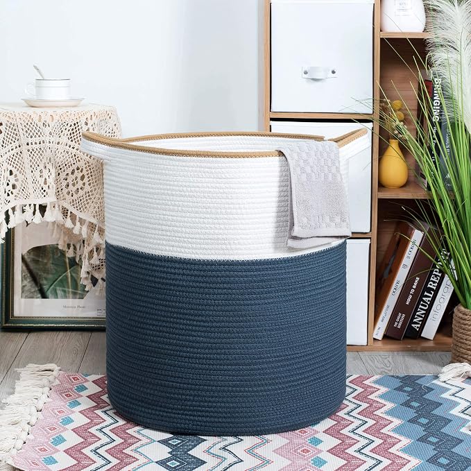 MINTWOOD Design 83L Extra Large 20x18 Inches Decorative Woven Cotton Rope Basket, Tall Laundry Basket Hamper, Blanket Basket for Living Room, Round Storage Baskets for Pillows, Towels, Prussian Blue