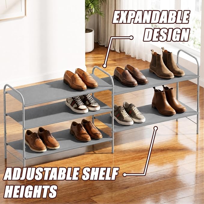 Simple Houseware 3-Tier Shoe Rack Storage Organizer, Grey – Space-Saving Shoe Shelf, Holds 9–16 Pairs, Sturdy Metal Frame, Easy Assembly – Closet, Entryway, Bedroom Shoe Storage Solution