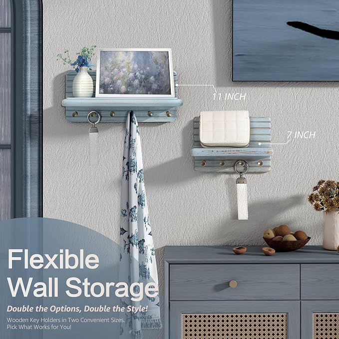 Rebee Vision Pine Wood Key Holder Wall Mount – Decorative 7-inch Key Holder for Wall with Wooden Shelf & Sturdy Hooks – Home Accessories for Mail Organizer (Blue)