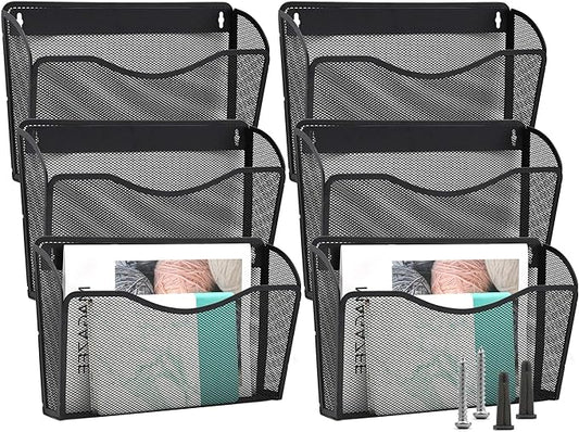 EASEPRES 6 Single Pocket Mesh Hanging File Organizer, Vertical Wall Mounted Magazine File Holder, Mount Basket Mail Paper Document Folder Organizing for Office, Home and School, Black