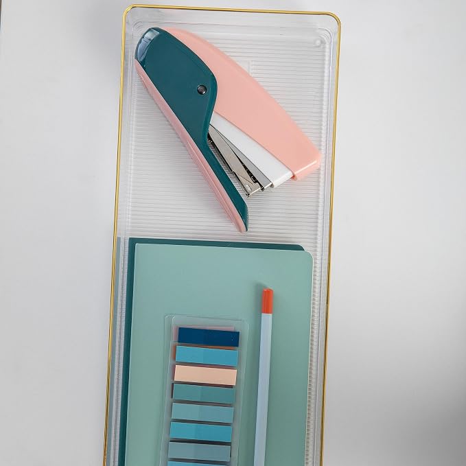 Martha Stewart Kerry Plastic Stackable Office Desk Drawer Organizers, 15" x 6", 2 Pack, with Gold Trim