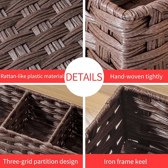 Toilet Tank Topper Paper Basket Multiuse Hand Woven Plastic Wicker Basket Bins with Divider for Shelves Rustic Farmhouse Bathroom Decor Countertop Organizer Storage