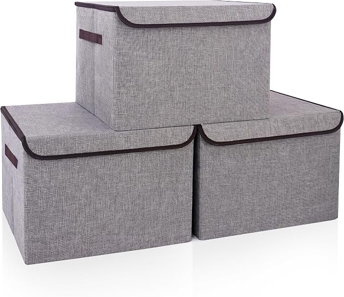 Bagnizer Large 17" 42 Quarts Collapsible Stackable Storage Bins with Lids [3-Pack] Foldable Fabric Linen Storage Boxes Cube, Closet Organizer Baskets with Label for Home (16.7 x 12 x 12, Gray)