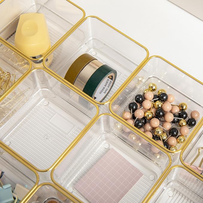 Martha Stewart Kerry Plastic Stackable Office Desk Drawer Organizers, 3" x 3", 12 Pack, with Gold Trim
