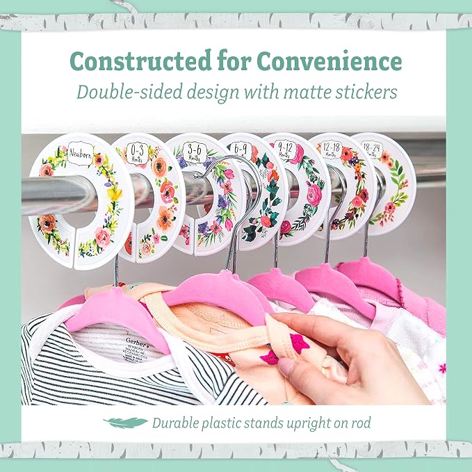 20 Baby Hangers with 7 Closet Dividers for Nursery Velvet Clothes Hangers Unisex Newborn Essentials Baby Size Organizer for Infant Clothing to 24 Months