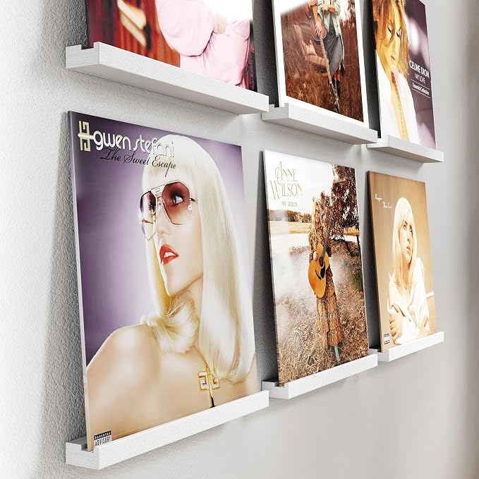 Emfogo Vinyl Record Shelf Wall Mount, 6 Pack Album Record Holder Wall, White12 inch Vinyl Record Storage Shelves Wall, Wood Record Display (Weathered White)