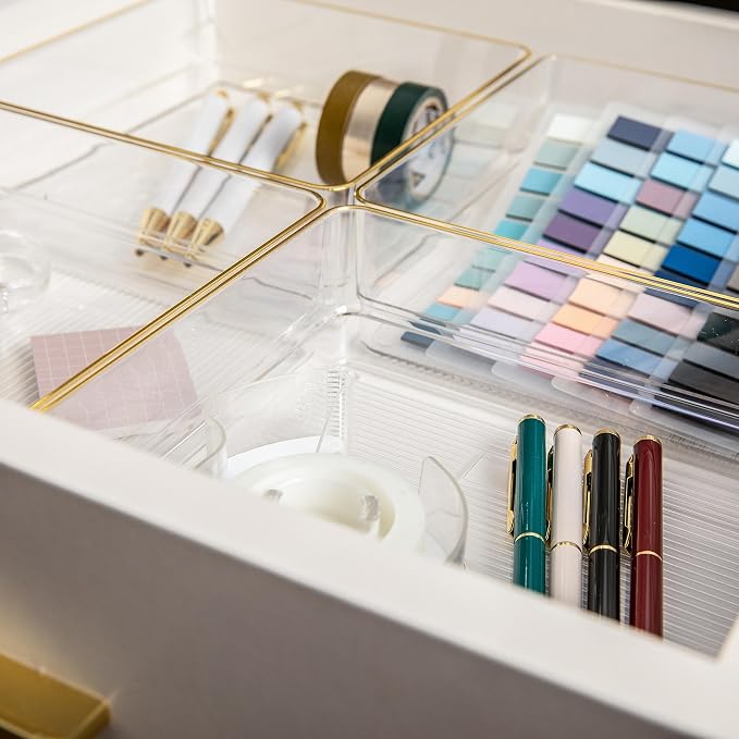 Martha Stewart Kerry Plastic Stackable Office Desk Drawer Organizers, 6" x 6", 4 Pack, with Gold Trim