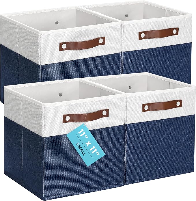 OrganiHaus 11x11 Cube Storage Bins, Set of 4 - Fabric Storage Cubes | Sturdy, holds its shape; odor-free; fits ClosetMaid 11-inch shelves; vegan leather handles