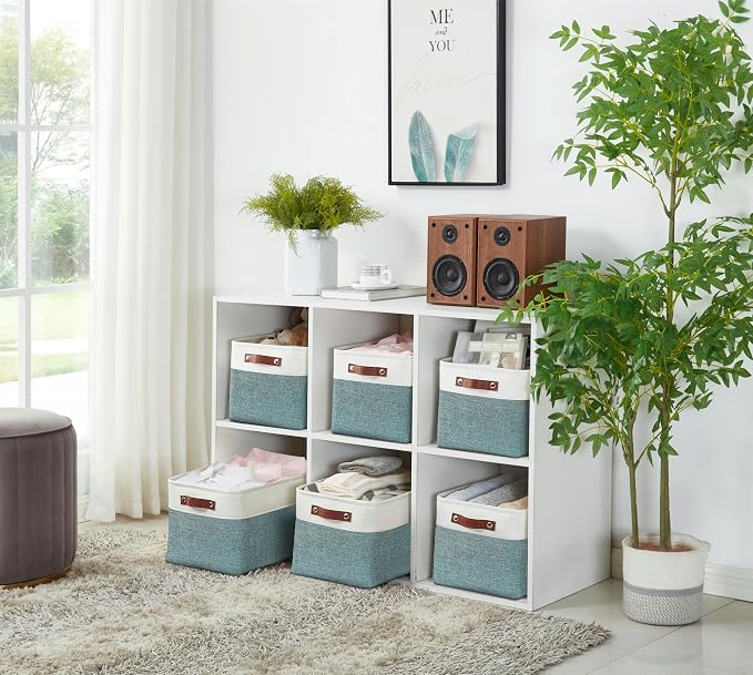 DECOMOMO Storage Bins, Large Fabric Storage Baskets for Shelves, Decorative Linen Closet Organizer, 15 x 11 x 9.5 inches (Green & White, 4 Pack)