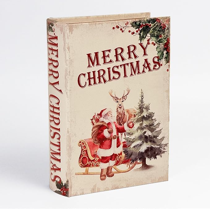 PACOLO Decorative Book Boxes, Faux Wood cover Storage for Hidden Jewelry, Money, and Cash (Merry Christmas)