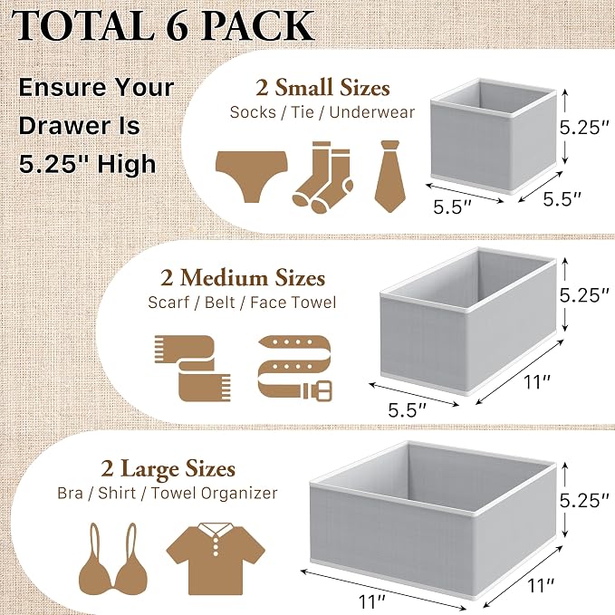 Simple Houseware Underwear Drawer Organizer for Lingerie/Undergarment/Bra/Panty/Sock/Onesie, Set of 6, Gray