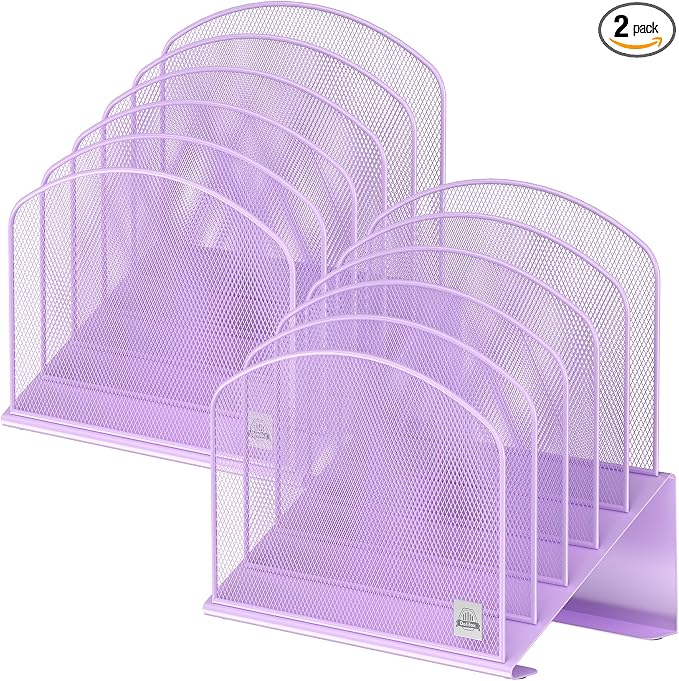 Delifox Inclined Desk File Organizer,Vertical File Folder Holder Stand Metal Rack File Sorter for Office Classroom Desktop Organization (2, Purple, 5)