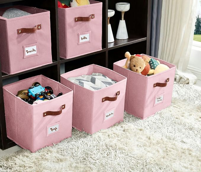 DECOMOMO Storage Bins, Cube Storage Bin with Labels | 10.5" x 11" Fabric Storage Cubes for Shelves (6pcs, Pink)