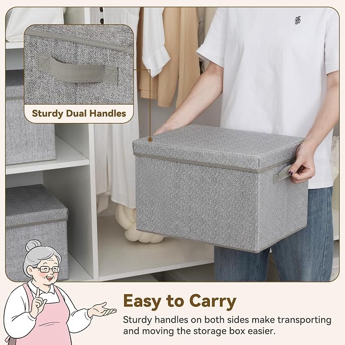 GRANNY SAYS Fabric Boxes with Lids, Storage Bins with Handles, Shelf Bins for Organizing, Extra Large Storage Boxes for Linens Clothes, Decorative Storage Containers, Gray, 3-Pack