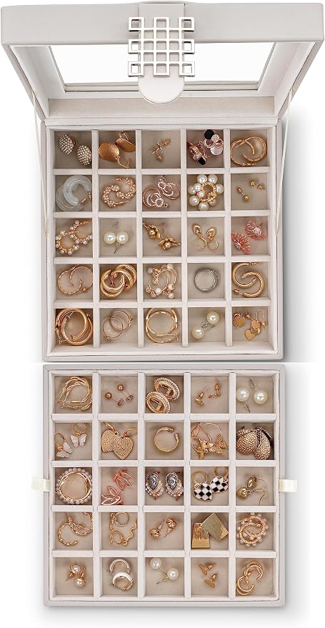 Glenor Co Earring Organizer - Classic 50 Section Jewelry Box/Case/Holder for Earrings, Rings, Necklaces, Jewelry, Cufflinks or Collections -2 Layer Small Compartments with Large Glass Top - Grey