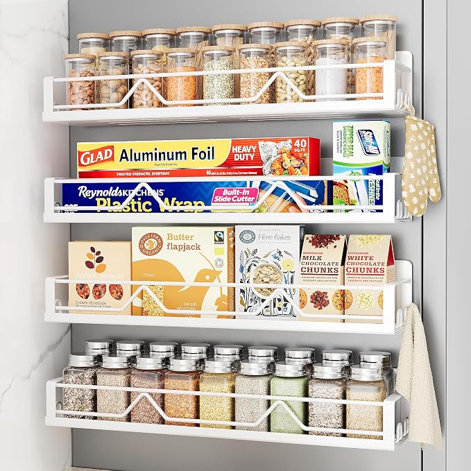 Mystozer 16.9 Inch Wide Large Capacity Magnetic Spice Rack for Refrigerator,4 Pack Metal Fridge Shelf Magnetic Basket Magnetic Fridge Shelf Magnetic Shelves for Fridge (White)