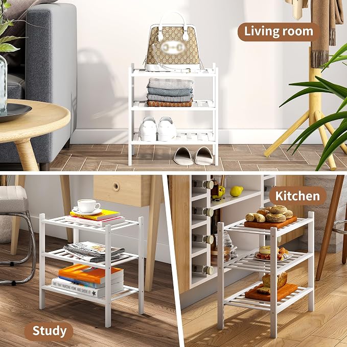 Bamboo Shoe Rack Stackable Shoe Shelf Storage Organizer for Unit Entryway Hallway and Closet Sturdy Freestanding Small Shoe Shelf(3S Tier White)