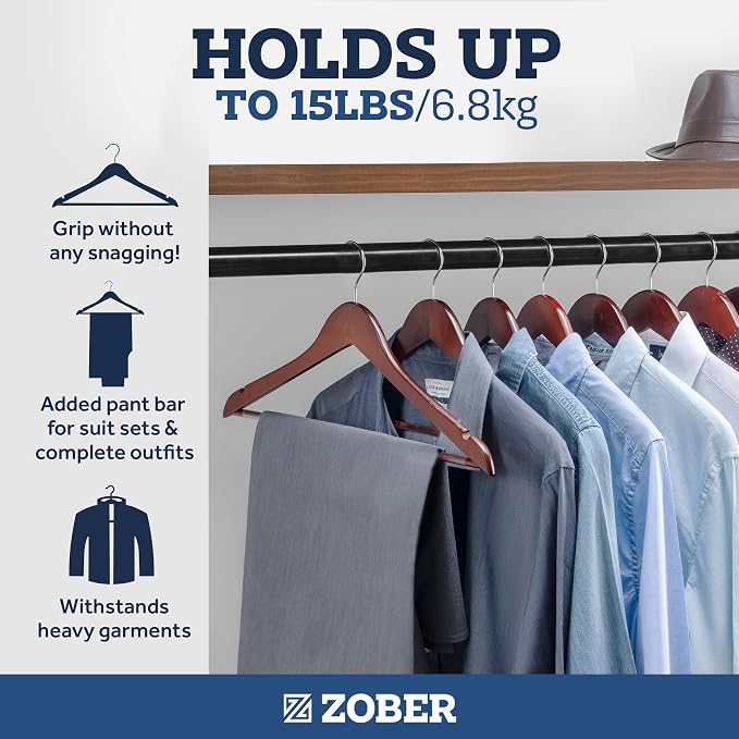 ZOBER Wooden Hangers - Heavy Duty, Non Slip Wood Hangers for Coats, Jackets, Suits, & Pants - Coat Hangers for Closet W/Bar and Notches 20 Pack