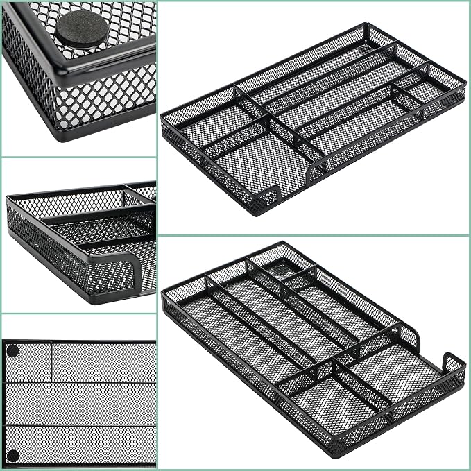 Annova Desk Drawer Organizer Tray for Office Organization - Metal Mesh - Storage Tray with Dividers for Pens, Desktop Accessories, Bathroom, Kitchen, Makeup and Office Supplies (Small, Black)