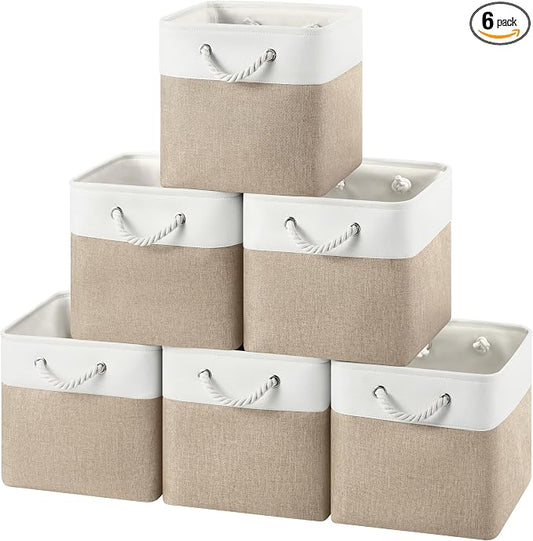 12x12 Storage Cube Bins, 6 Pack Reinforced Bottom Cardboard Foldable Box, Organizer for Closet Shelves, Heavy Home Storage Baskets (White Khaki)