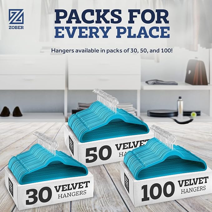ZOBER Turquoise Velvet Hangers 50 Pack - Clothes Hangers, Coat Hanger for Pants & Dress Clothes - Non Slip w/ 360 Degree Swivel, Holds up to 10 lbs - Strong Felt Hanger for Clothing