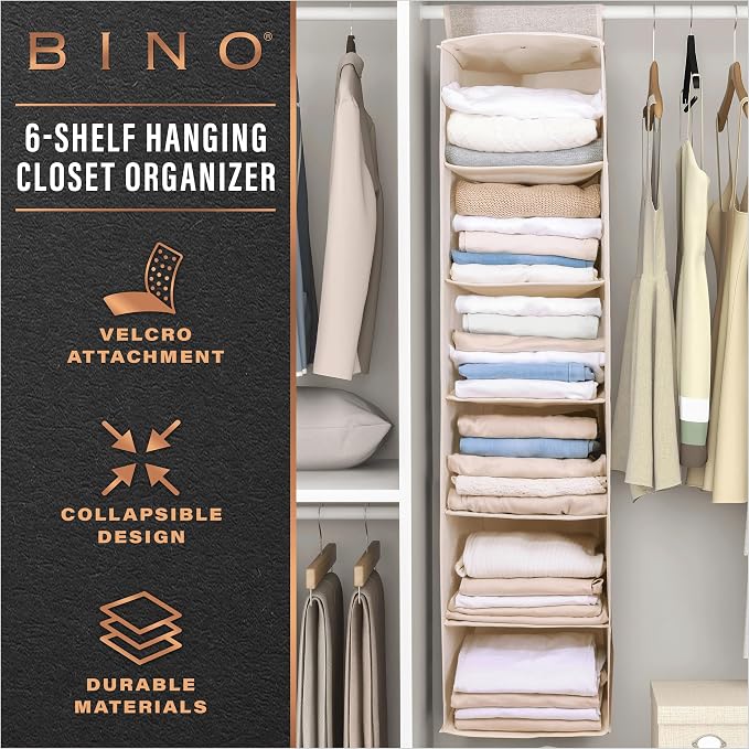 BINO 6-Shelf Sweater Closet Organizer - Beige | Closet Hanging Organizer for Bedroom | Sweater Storage Organizers | Hanging Shelves | Portable Closets for Clothes | Room Essentials