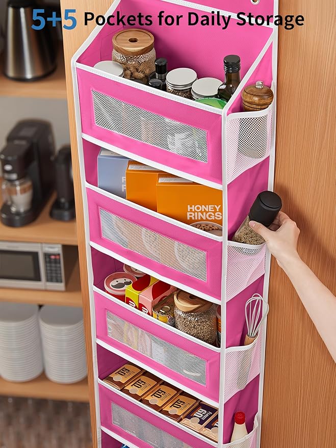 JARLINK Over The Door Organizer Storage, 5 Shelf Hanging Door Organizer with 5 Large Capacity Pockets, Anti Tilt 44 lb Load Behind Door Storage for Bedroom, Bathroom, Pantry, Nursery, (Pink)